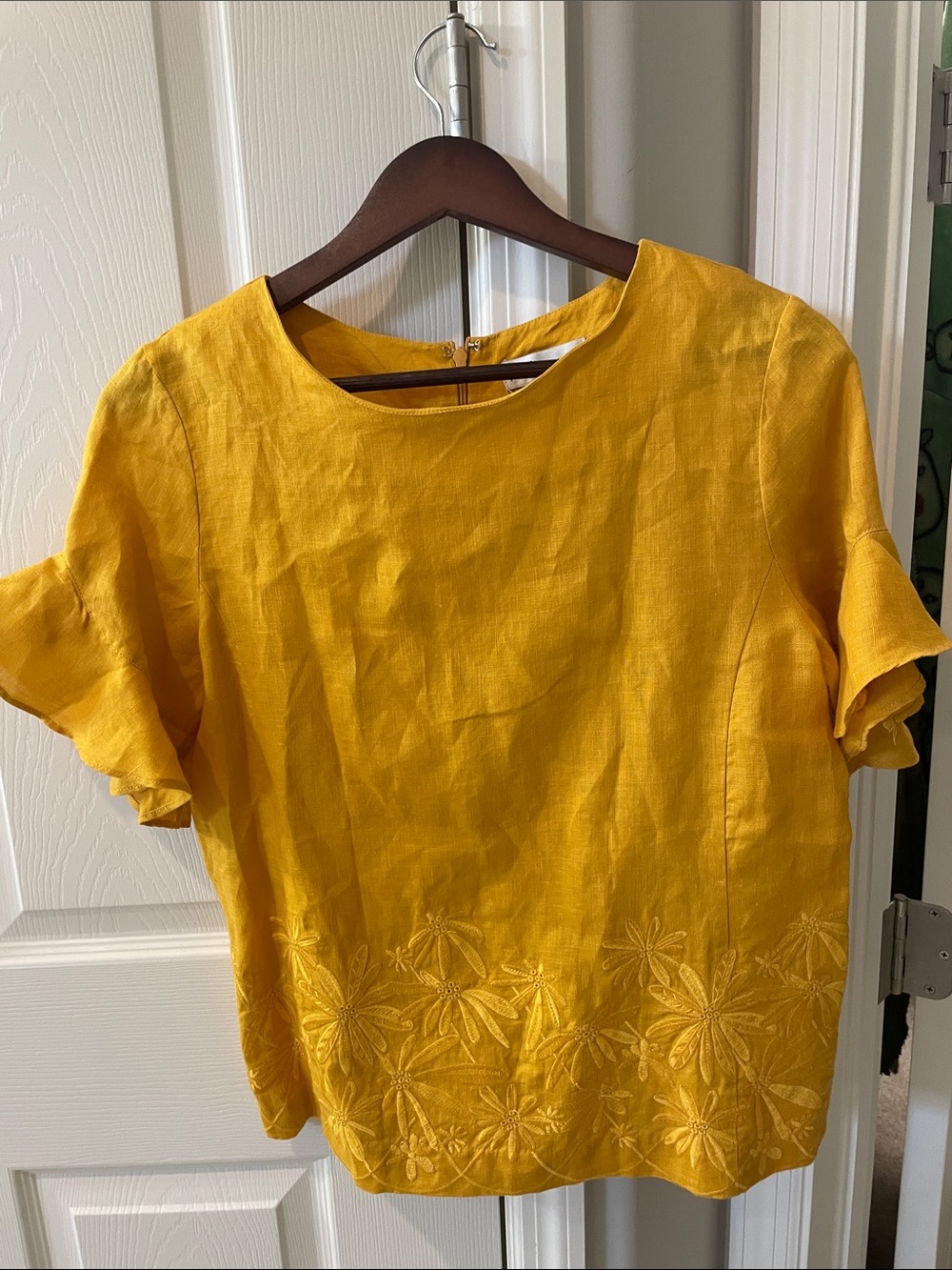 Neiman Marcus Mustard Yellow Embroidered Linen Short-Sleeve Top 100% linen